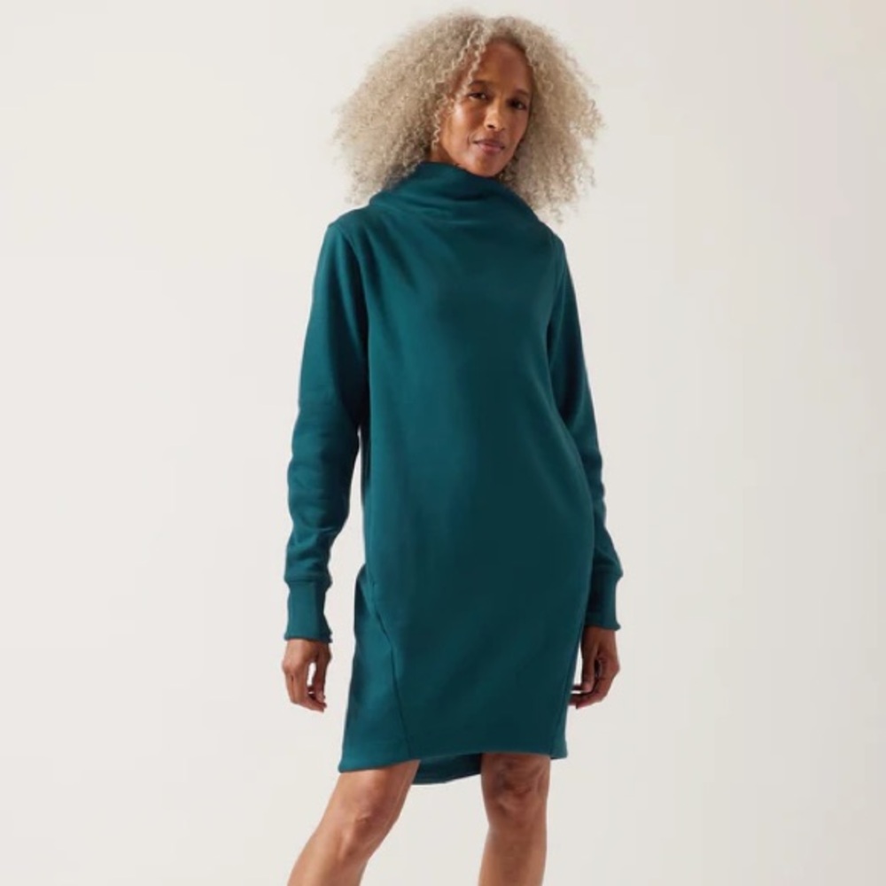 Athleta Cozy Karma Peacock Inkwell Bottle Blue Mock Neck Dress Size XS/P NWT